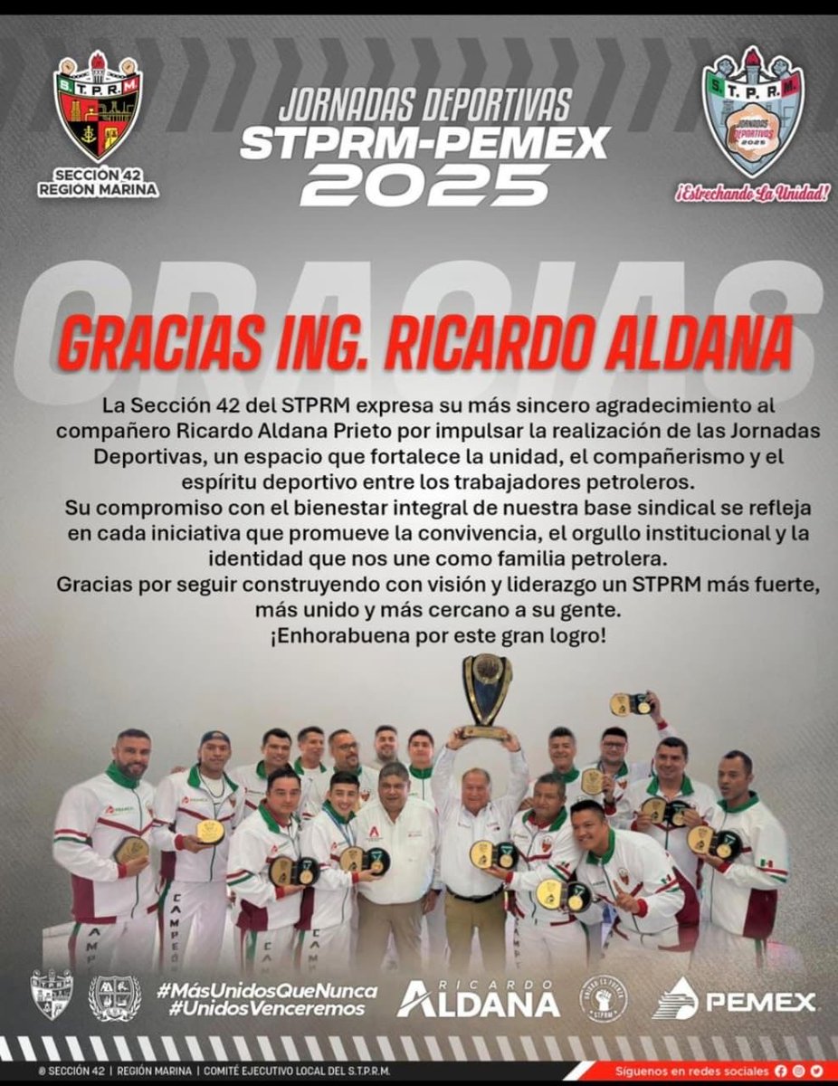 Una Felicitación al equipo de voleibol por el campeonato del torneo que gracias al apoyo del ingeniero Ricardo Aldana, a nuestro líder y amigo <a href="/lgps03101/">@lgps0310</a> y nuestro secretario general <a href="/MarcoAzuara1/">Marco Azuara</a>  por apoyar e impulsar las jornadas deportivas,Fraternalmente Unidos Venceremos