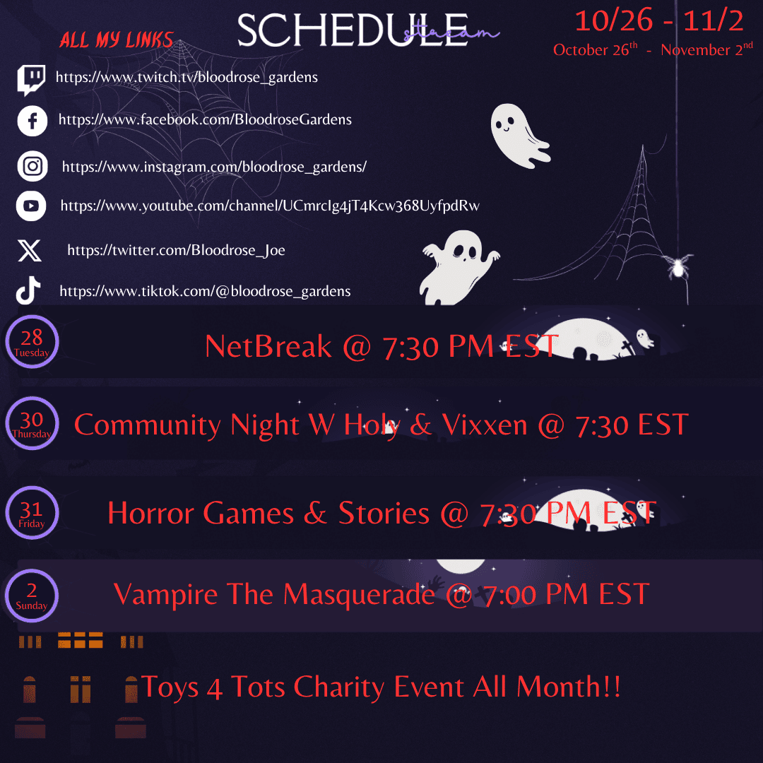 Its the Eve of all things Spooky and Terrifying, and what's the best way to celebrate it? By filling the week with Scary games &amp; Stories.
Kicking it off with a Brand new Horror Game by <a href="/playNETBREAK/">NETBREAK - out now on Steam</a>. Then off to the Gens then a whole night of stories jumpscares and more VTM