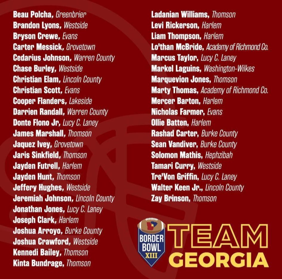Thank you for the honor to be chosen for this years Georgia-South Carolina Senior Border Bowl on January 10, 2026. TEAM Georgia!
<a href="/BoiterMark/">Mark Boiter</a> <a href="/RyanBowers22/">Ryan Bowers</a> <a href="/HarlemFootball/">Harlem Bulldogs Football</a> <a href="/RoHo2727/">Rodney Jay Holder</a> <a href="/GSCoachHelton/">Clay Helton</a> <a href="/CoachZLankford/">Zach Lankford</a> <a href="/GSBevill/">Andrew Bevill</a> <a href="/coach_tko/">Coach Davis</a> <a href="/CoachRossNCSA/">Ross Newkirk</a>   <a href="/GSAthletics/">Georgia Southern Athletics</a>   <a href="/247recruiting/">247Sports Recruiting</a>