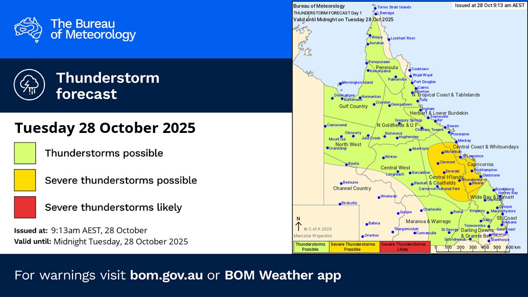 ⛈️Thunderstorm outlook for Queensland, Tuesday 28 October

Severe thunderstorms are possible between Mackay and Kingaroy.
Hazards are heavy rainfall, large hail , and damaging wind gusts.
Non-severe storms are possible over much of the rest of the state. 
bom.gov.au/location/austr…