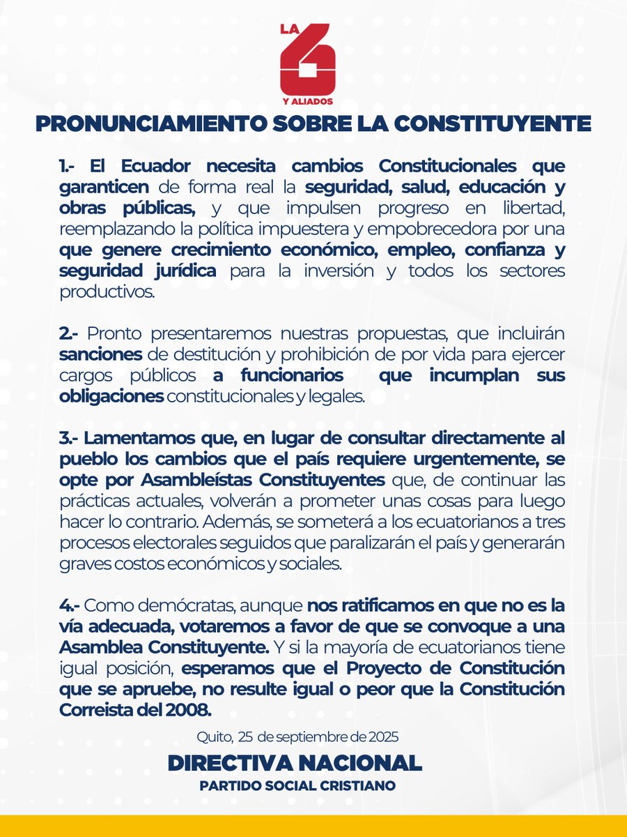 ecuainm_oficial's tweet image. ‼️#URGENTE
@La6Ecuador se pronuncia sobre la Constituyente y señala "nos ratificamos que en que no es la vía adecuada, votaremos a favor de que se convoque a una Asamblea Constituyente".
