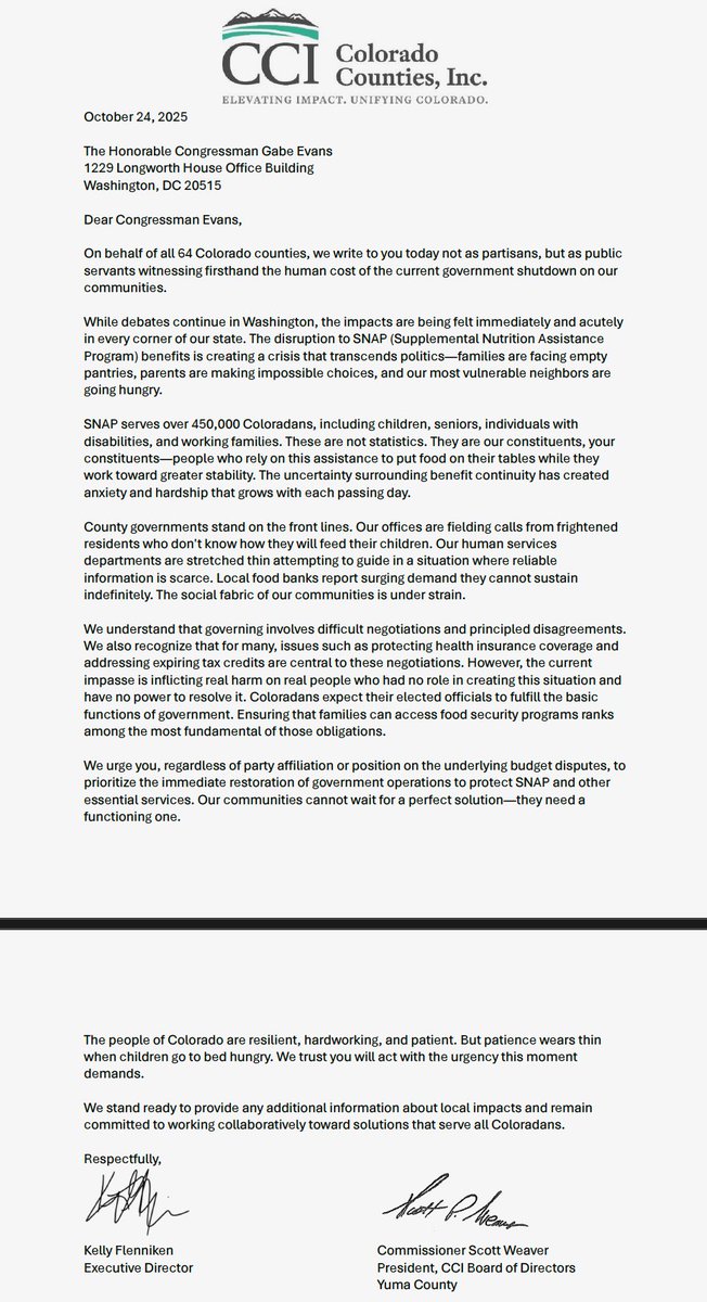 repgabeevans's tweet photo. I agree with all 64 CO counties: We must put politics aside &amp; reopen the government.

Fastest way to do that is for @SenatorHick &amp; @SenatorBennet to vote for the same CR they supported 13x before.

Enough grandstanding. CO families don't deserve to lose their SNAP over politics. https://t.co/KK9C2vBBpq