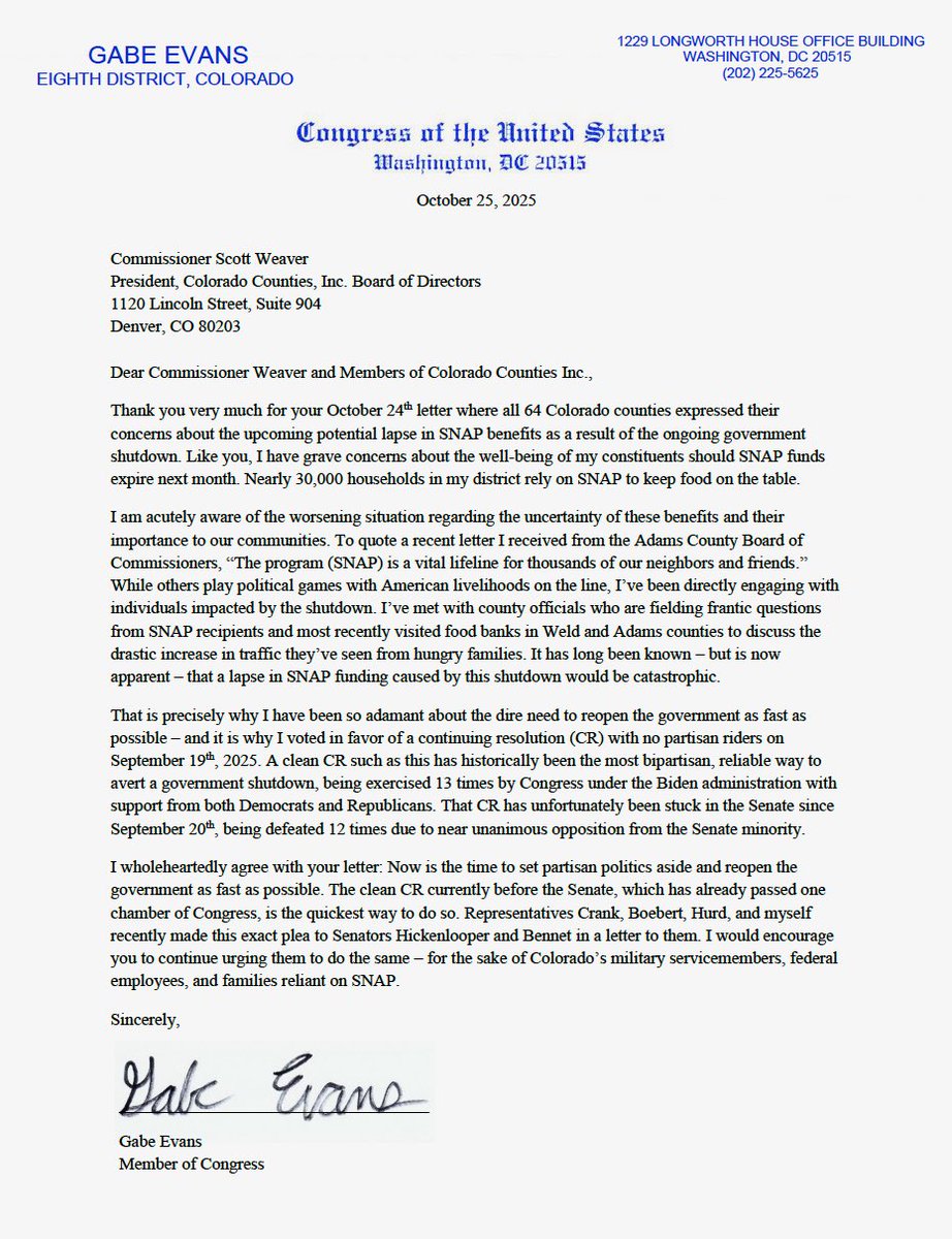 I agree with all 64 CO counties: We must put politics aside &amp; reopen the government.

Fastest way to do that is for <a href="/SenatorHick/">Senator John Hickenlooper</a> &amp; <a href="/SenatorBennet/">Michael Bennet</a> to vote for the same CR they supported 13x before.

Enough grandstanding. CO families don't deserve to lose their SNAP over politics.