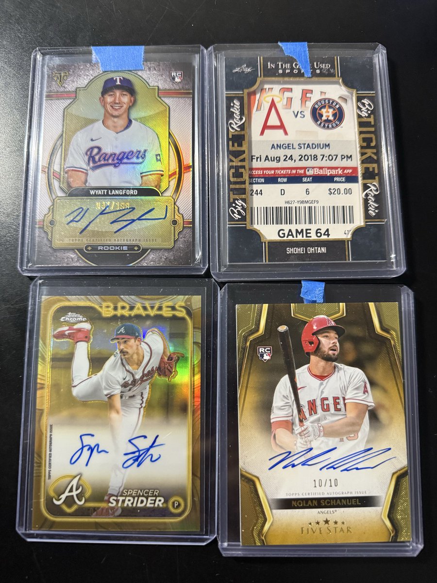 Sale beginning now!

Strider - $45 shipped
Wyatt - $65 shipped
Ohtani rookie ticket - $75
Nolan /10 - $45 shipped