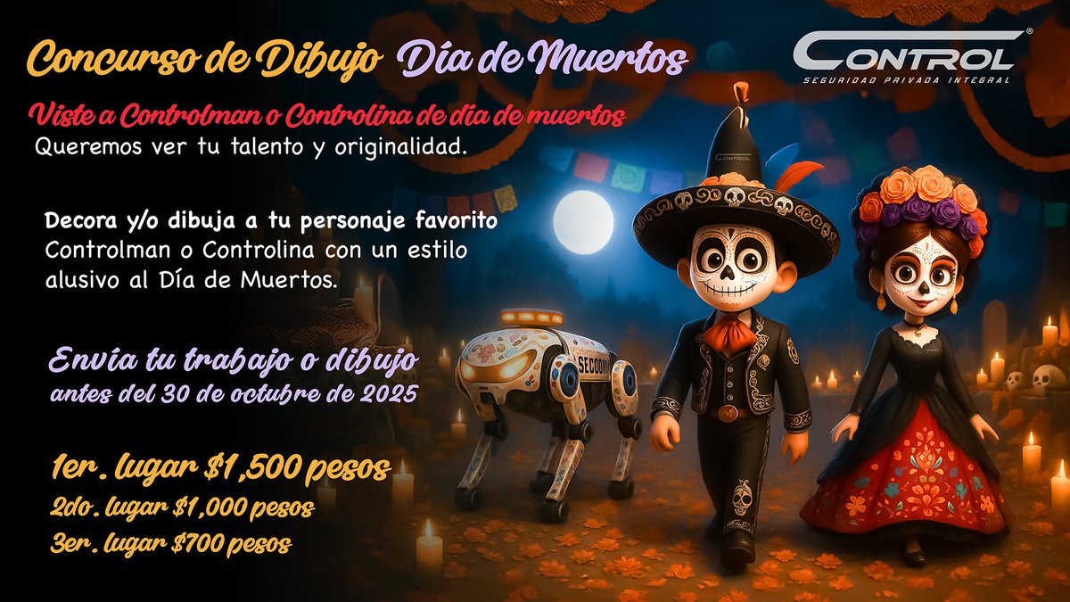 segcontrol's tweet image. 😱ÚLTIMOS DÍAS / CONCURSO DÍA DE MUERTOS🚓🧑‍🏭

🎨 Concurso de Dibujo de “Viste a Controlman o Controlina de día de muertos”
¡Demuestra tu creatividad en Control!

Consulta alas bases en: seguridadcontrol.com.mx/concursos-cont…

#ConTodoControl #DíaDeMuertos #SeguridadPrivada #ControlSeguridad