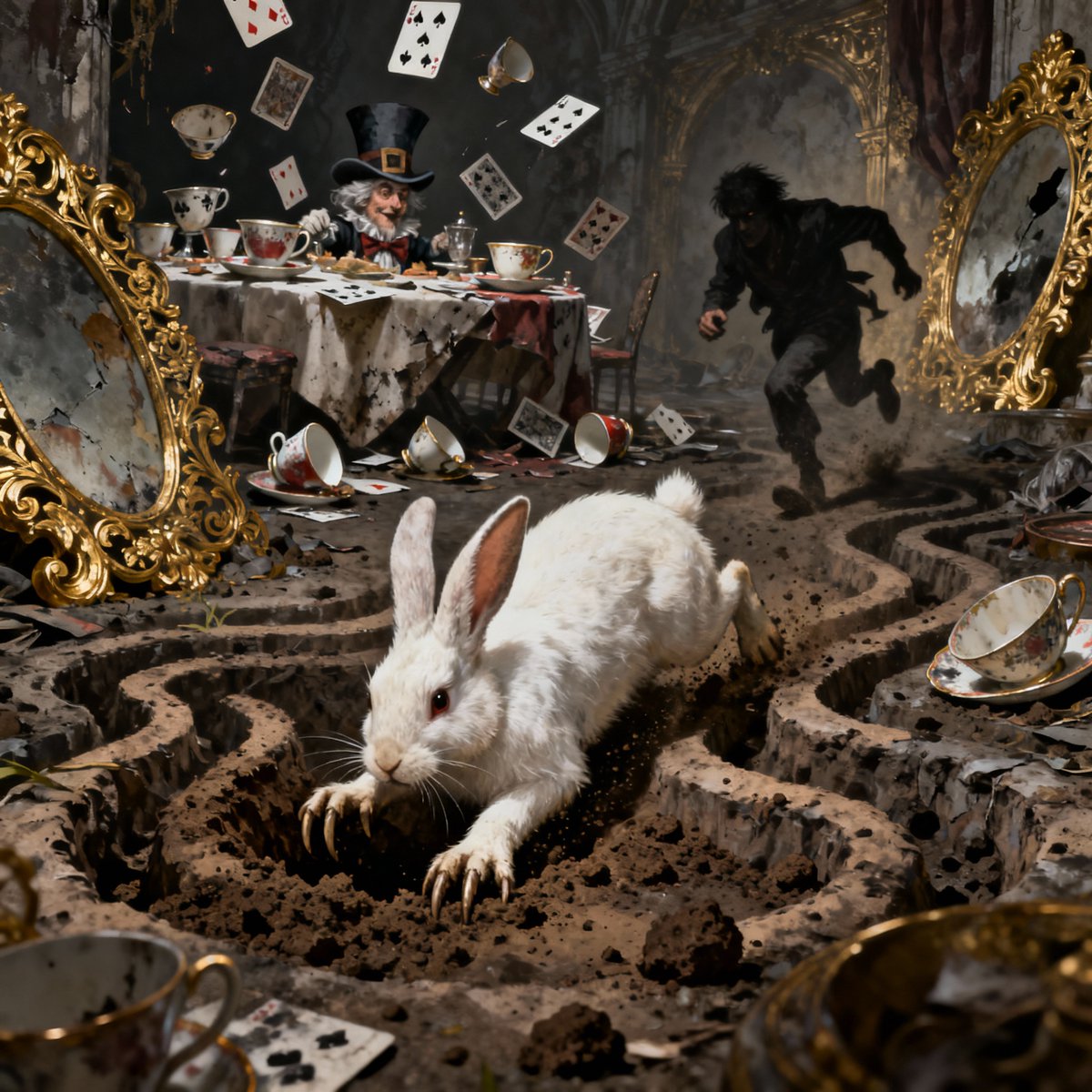You're five years old chasing a white rabbit.

Blink.

You're thirty-five and the rabbit is chasing you.

The White Rabbit is always late. Always running. Always checking his pocket watch.

You followed him down the hole thinking it was adventure.

Turns out it was just Thursday.