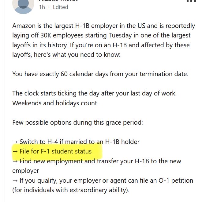 SanDiegoKnight's tweet image. Visa Loophole of the Week (#12,947):

Amazon just laid off 30,000 — many on H-1Bs.

Here’s the kicker: laid-off H-1B visa holders can switch to student (F-1) visas to stay another year or two.

Maybe it’s time we fix a system that protects visas more than citizens.