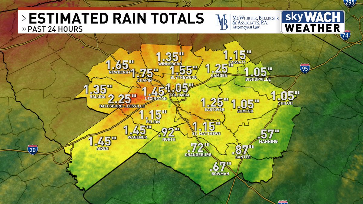 24 hour estimated rainfall totals. Just what we needed to put a dent in the drought. #scwx