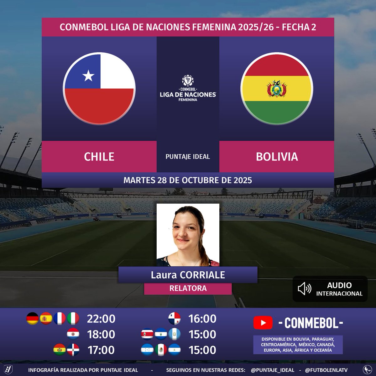 ⚽ #LigaDeNacionesFemenina | 🇨🇱 #Chile vs. #Bolivia 🇧🇴
🎙 Relatora: <a href="/LauCorriale/">Lau Corriale 🎙⚽️</a> 
🔉 Audio Internacional
💻📱 #YouTube de <a href="/CONMEBOL/">CONMEBOL.com</a> 🌎 (disponible en 🇧🇴🇵🇾🇲🇽🇨🇦, Centroamérica y otros continentes)
🤳 #CreeEnGrande - #LNF
Dale RT 🔃