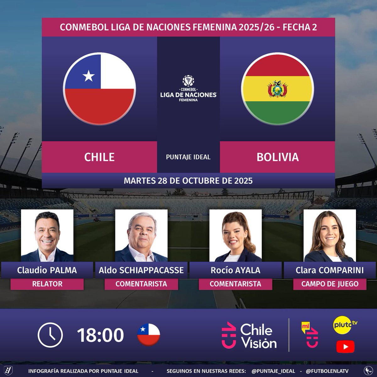 ⚽ #LigaDeNacionesFemenina | 🇨🇱 #Chile vs. #Bolivia 🇧🇴
🎙 Relator: Claudio Palma 
🎙 Comentaristas: <a href="/AldoRomuloS/">Aldo R.</a> - <a href="/RociAyalaE/">Rocío Ayala Espejo</a>
🎙 CdJ: <a href="/claracomparini/">Clara</a> 
📺 <a href="/chilevision/">Chilevisión</a> 🇨🇱
💻📱 #MiCHV, #PlutoTV y YouTube <a href="/chilevision/">Chilevisión</a> 🇨🇱
🤳 #LaRojaFemeninaXCHV - #CHVDeportes - #LNF
Dale RT 🔃