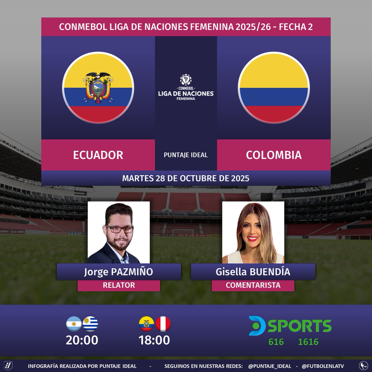 ⚽ #LigaDeNacionesFemenina | 🇪🇨 #Ecuador vs. #Colombia 🇨🇴
🎙️ Relator: <a href="/japazmi/">Jorge Pazmiño</a> 
🎙️ Comentarista: <a href="/gisellabuendia/">Gisella Buendia</a>
📺 <a href="/DSports/">DSPORTS</a> (616-1616) 🇦🇷🇪🇨🇵🇪🇺🇾
💻📱 <a href="/DGO_Latam/">DGO</a> 
🤳 #LigaDeNacionesFemeninaEnDSPORTS - #LNF
Dale RT 🔃