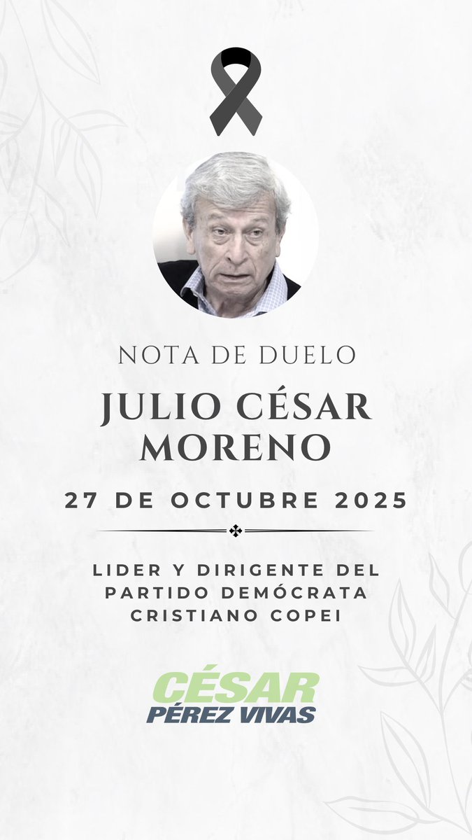El día de hoy recibí la triste noticia del fallecimiento de Julio César Moreno, Embajador, exparlamentario y figura clave de COPEI y la democracia cristiana venezolana.

Expreso mis más sentidas condolencias a su familia. Más allá de su admirable trayectoria política al servicio