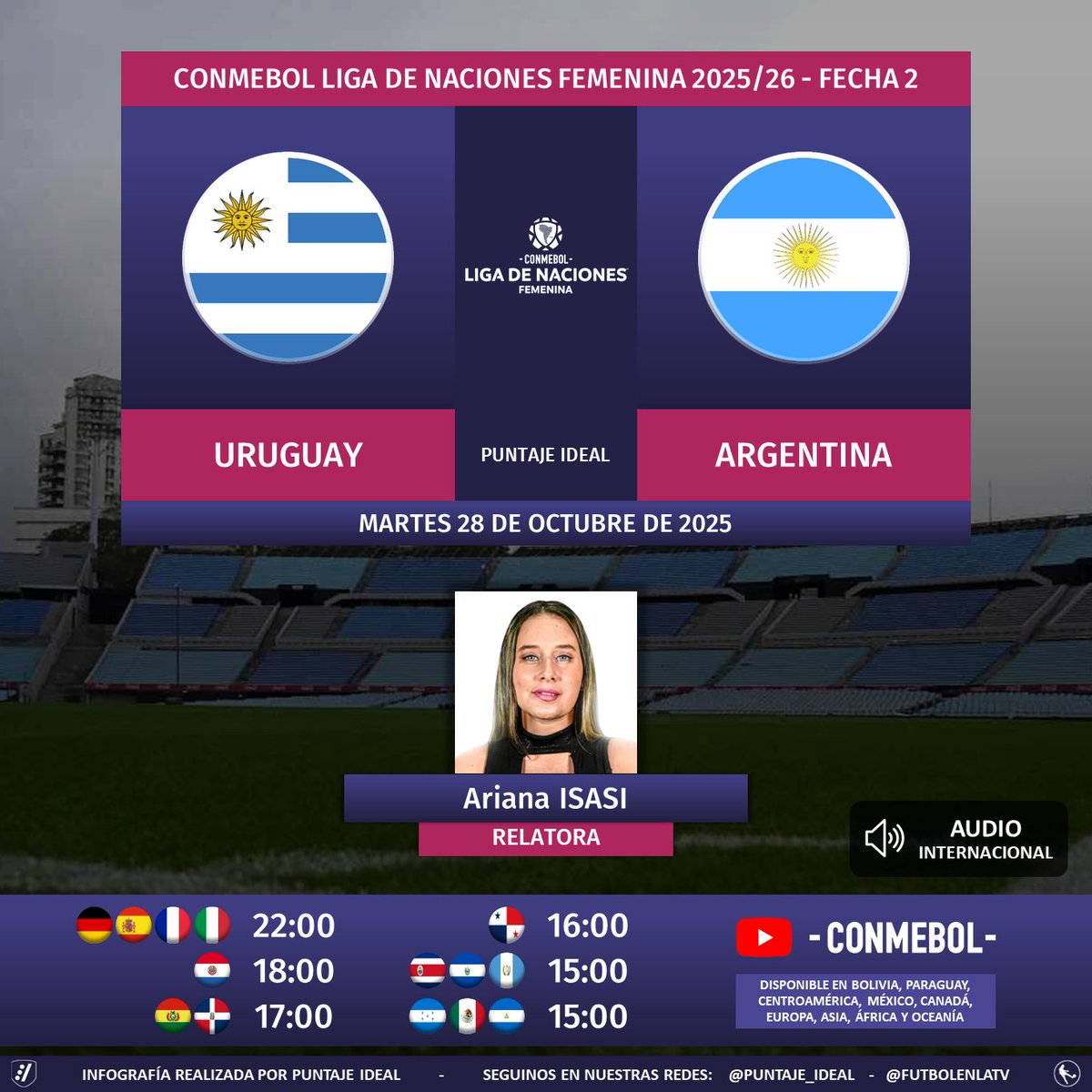 ⚽ #LigaDeNacionesFemenina | 🇺🇾 #Uruguay vs. #Argentina 🇦🇷
🎙 Relatora: <a href="/arianaisasi17/">Ari💚</a> 
🔉 Audio Internacional
💻📱 #YouTube de <a href="/CONMEBOL/">CONMEBOL.com</a> 🌎 (disponible en 🇧🇴🇵🇾🇲🇽🇨🇦, Centroamérica y otros continentes)
🤳 #CreeEnGrande - #LNF
Dale RT 🔃