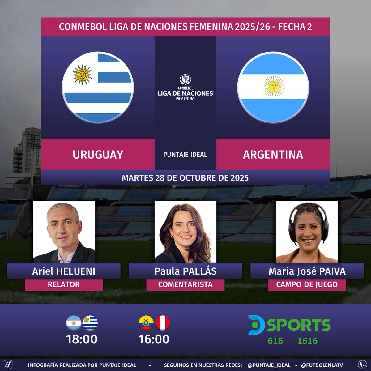 ⚽ #LigaDeNacionesFemenina | 🇺🇾 #Uruguay vs. #Argentina 🇦🇷
🎙️ Relator: <a href="/aruli75/">Ariel Helueni</a> 
🎙️ Comentarista: <a href="/paulapallas1/">PAU PALLAS</a> 
🎙️ Campo de juego: <a href="/PaivaMajo/">Majito Paiva</a>
📺 <a href="/DSports/">DSPORTS</a> (616-1616) 🇦🇷🇪🇨🇵🇪🇺🇾
💻📱 <a href="/DGO_Latam/">DGO</a>
🤳 #LigaDeNacionesFemeninaEnDSPORTS - #LNF
Dale RT 🔃