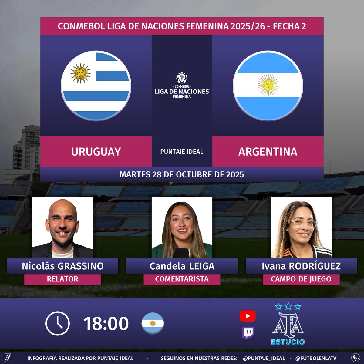 ⚽ #LigaDeNacionesFemenina | 🇺🇾 #Uruguay vs. #Argentina 🇦🇷
🎙️ Relator: <a href="/NicoGrassino/">Nico Grassino</a> 
🎙️ Comentarista: <a href="/Candelaleiga/">Candela Leiga</a> 
🎙️ Campo de juego: <a href="/IviRod_/">Ivi Rodríguez ✨ #IviRod</a> 
💻📱 YouTube y Twitch de <a href="/AFAestudio/">AFA Estudio ⭐️⭐️⭐️</a> 🇦🇷
🤳 #AFAFemenino - #LNF 
Dale RT 🔃
