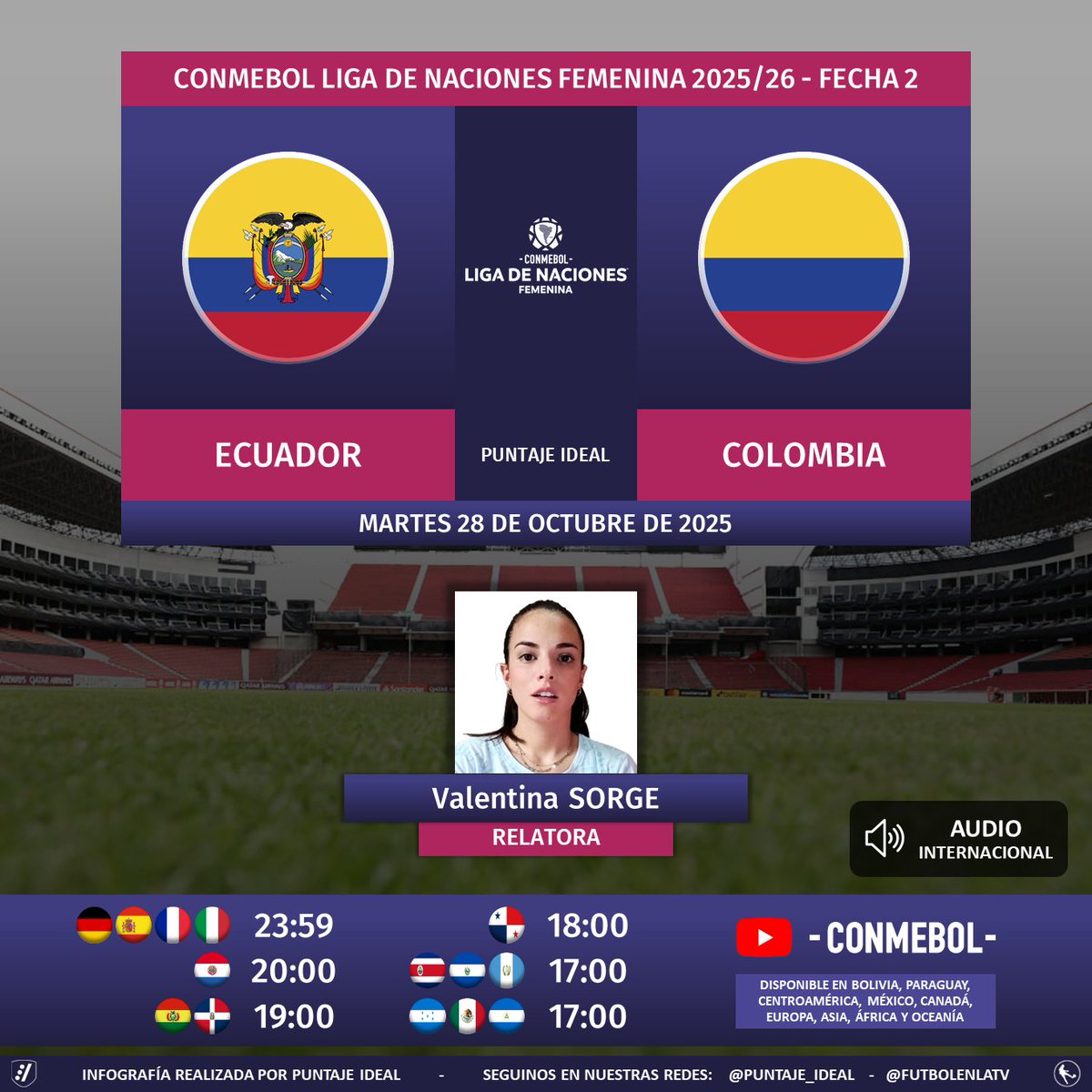 ⚽ #LigaDeNacionesFemenina | 🇪🇨 #Ecuador vs. #Colombia 🇨🇴
🎙 Relatora: Valentina Sorge
🔉 Audio Internacional
💻📱 #YouTube de <a href="/CONMEBOL/">CONMEBOL.com</a> 🌎 (disponible en 🇧🇴🇵🇾🇲🇽🇨🇦, Centroamérica y otros continentes)
🤳 #CreeEnGrande - #LNF
Dale RT 🔃