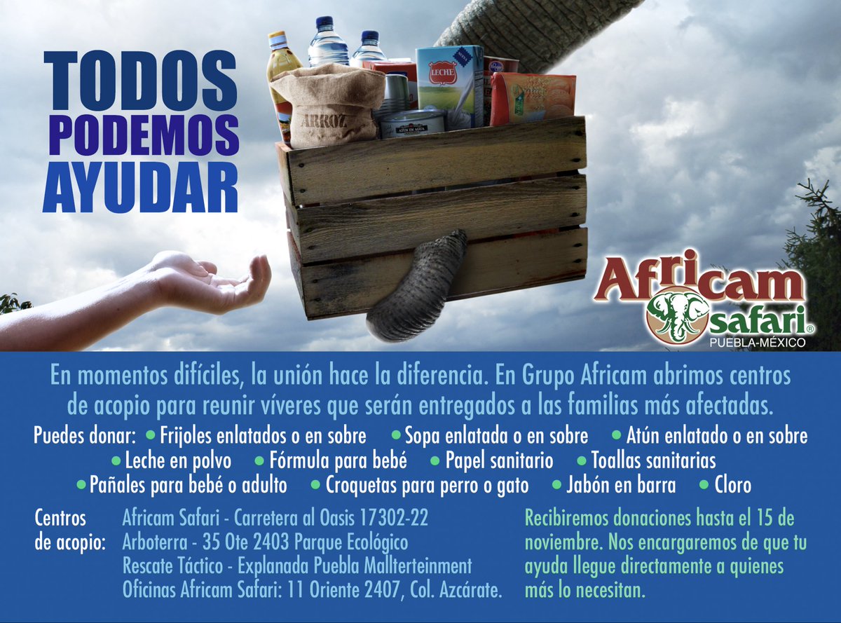 A veces, la mejor forma de ayudar es tender la mano. 🤝🏼
En Africam Safari, Arboterra y Rescate Táctico nos unimos para reunir víveres y apoyar a las familias que más lo necesitan.
Cada donación cuenta, y juntos podemos marcar la diferencia. 💚