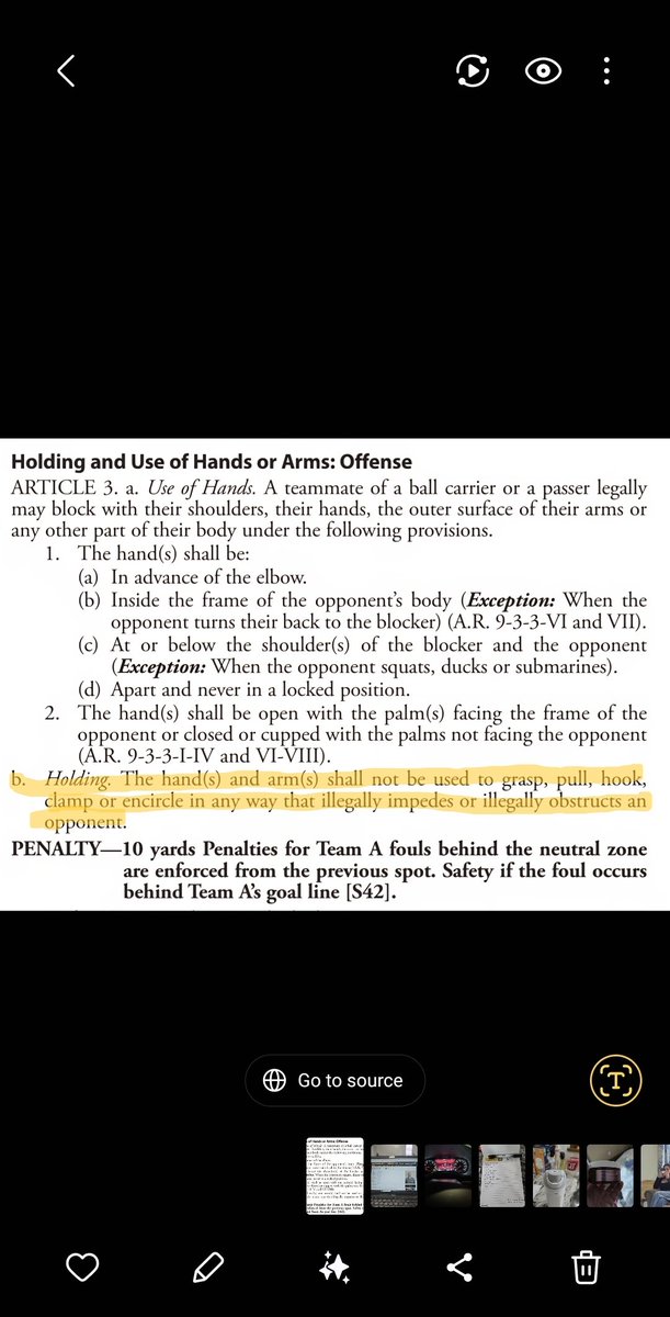 philenium's tweet photo. @Attorney_CPA @RP_Tiger @PowerMizzoucom Here's a screenshot that isn't misleading: 

"The hand(s) and arm(s) shall not be used to grasp, pull, hook, clamp or encircle in any way that illegally impedes or illegally obstructs an opponent."  - NCAA Rule Book, Rule 9, Article 3.b. https://t.co/FKyDDzSwur