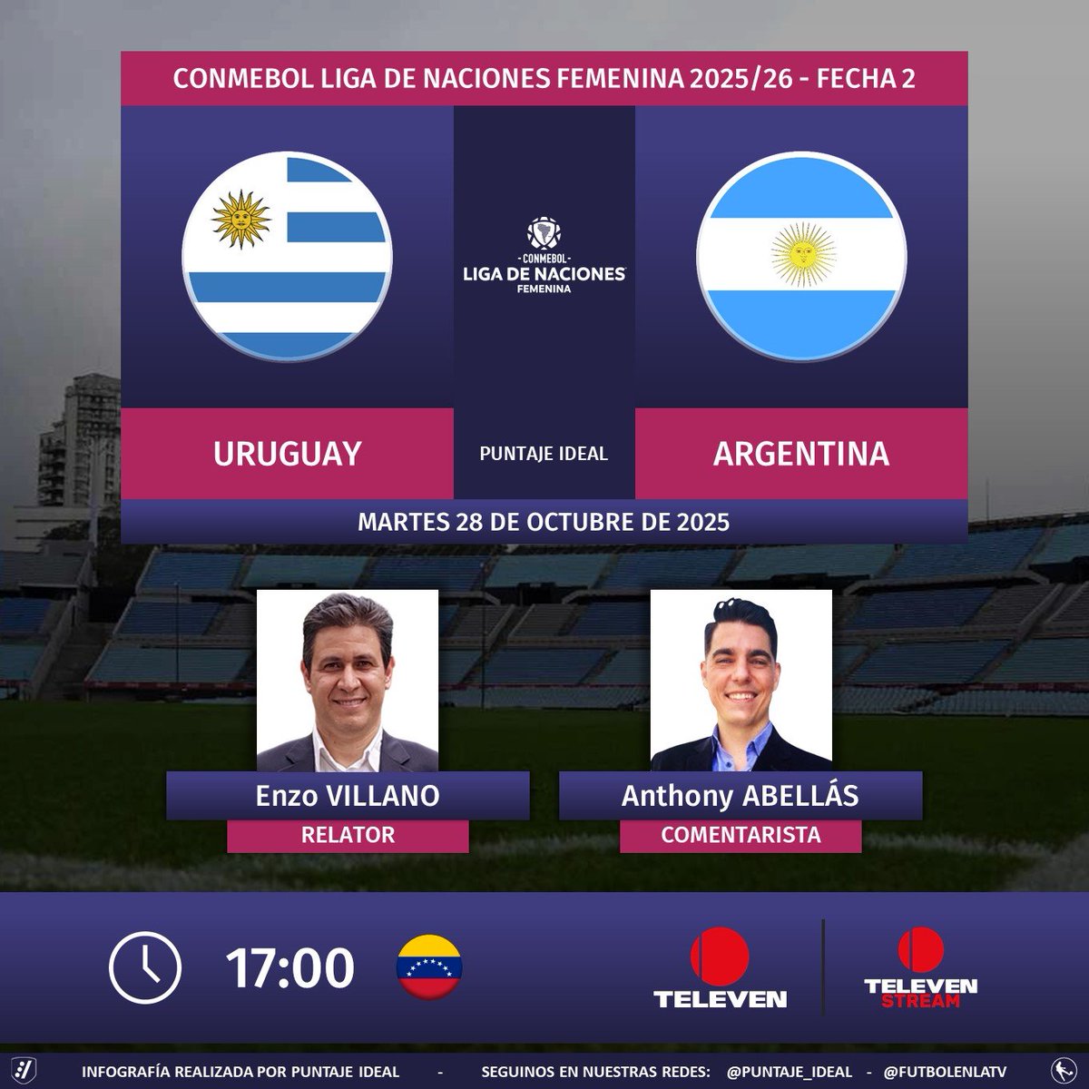 ⚽ #LigaDeNacionesFemenina | 🇺🇾 #Uruguay vs. #Argentina 🇦🇷
🎙️ Relator: <a href="/vinvillano/">vincenzo villano</a> 
🎙️ Comentaristas: <a href="/AnthonyAbellas/">Anthony Abellás</a> 
📺 <a href="/Canal_Televen/">Televen</a> 🇻🇪
💻📱 Televen Stream 🇻🇪
🤳 #TelevenEsVinotinto - #LNF
Dale RT 🔃