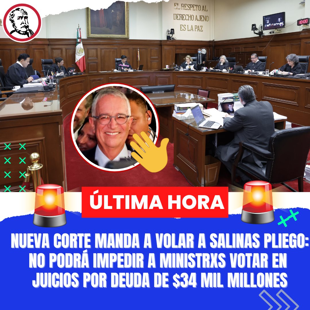 🚨 #ULTIMAHORA  | El Pleno de la nueva <a href="/SCJN/">Suprema Corte</a>, mandó a volar a <a href="/RicardoBSalinas/">Don Ricardo Salinas Pliego</a> Pliego en su intento por declarar impedidos a los ministros Hugo Aguilar Ortiz, presidente de la Corte, Giovanni Azael Figueroa Mejía, Irving Espinosa Betanzo y Arístides Rodrigo Guerrero García, de