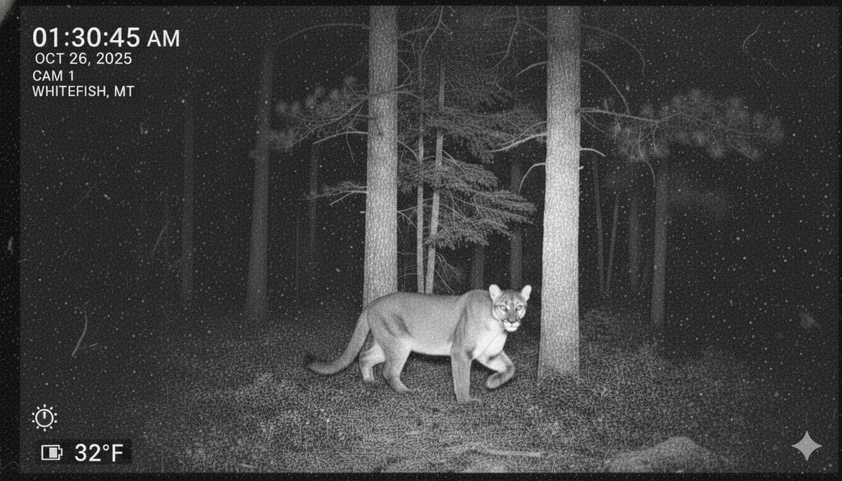 __Waypoint's tweet image. Just another quiet night by the fire… until my neighbor shows me TRAIL CAM FOOTAGE from 600ft away, right next to my backyard! A mountain lion AND a black bear 😳 I always heard the NW of Montana was wild, but I never imagined they were literally camping out in the trees beside…