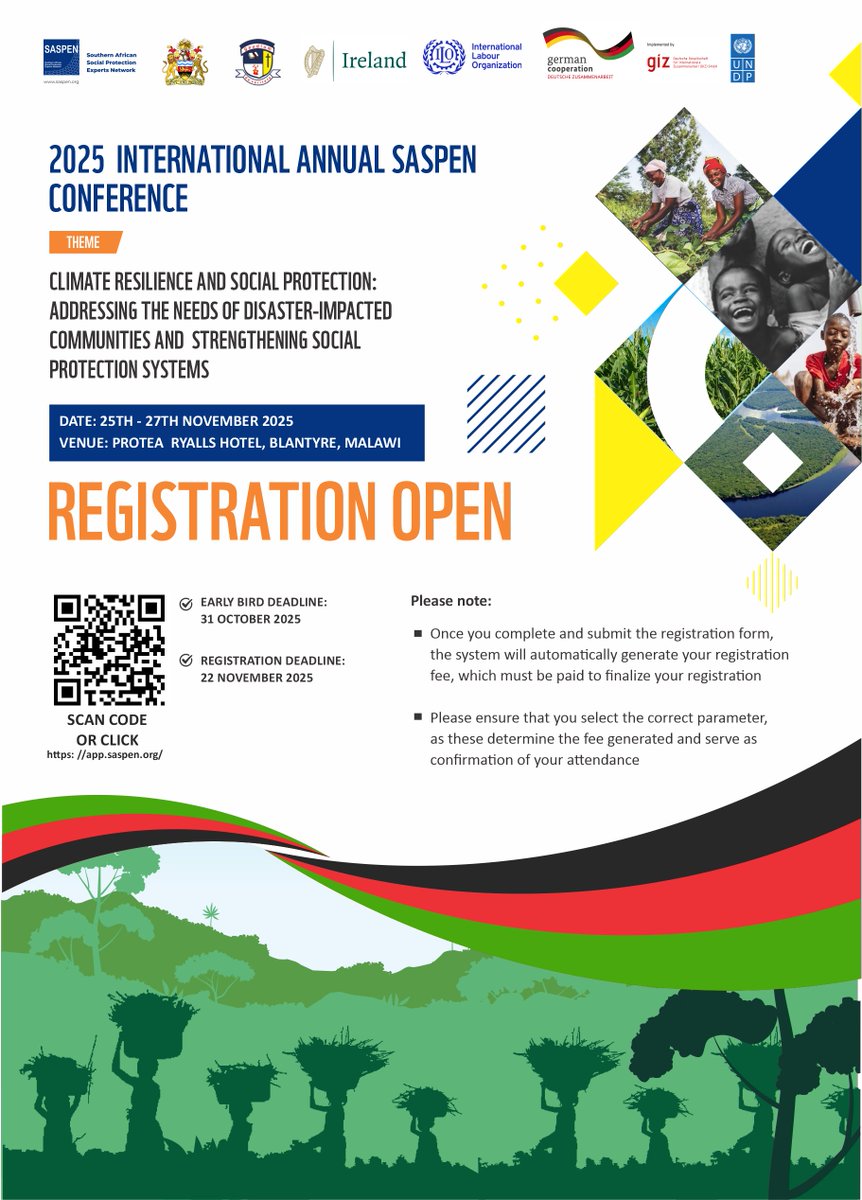 SASPENNEWS's tweet photo. 3 days left of early-bird registration for the 2025 SASPEN International Annual Conference on Climate Resilience and Social Protection.
 
Early-Bird Deadline: 31 October 2025
Standard registration closes: 22 November 2025
Blantyre, Malawi | 25–27 November 2025 https://t.co/uF3vmASbL2