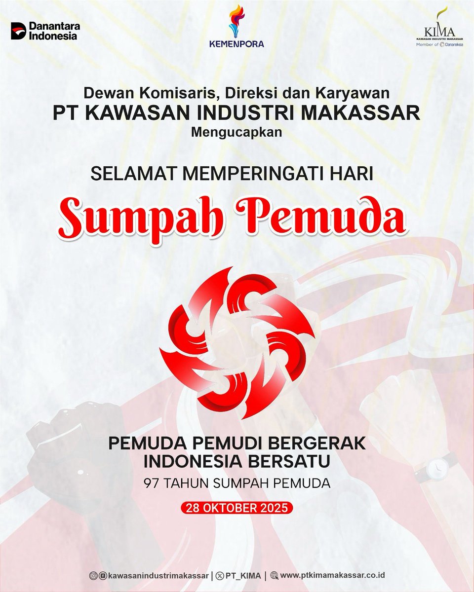 97 tahun semangat yang menyatukan. Selamat Hari Sumpah Pemuda 2025! 🇮🇩

Dengan tema Pemuda Pemudi Bergerak, Indonesia Bersatu, mari kita lanjutkan tekad yang sama — menjaga persatuan lewat aksi yang nyata.

#PTKIMA #HoldingBUMNDanareksa #KawasanIndustriMakassar #SumpahPemuda2025