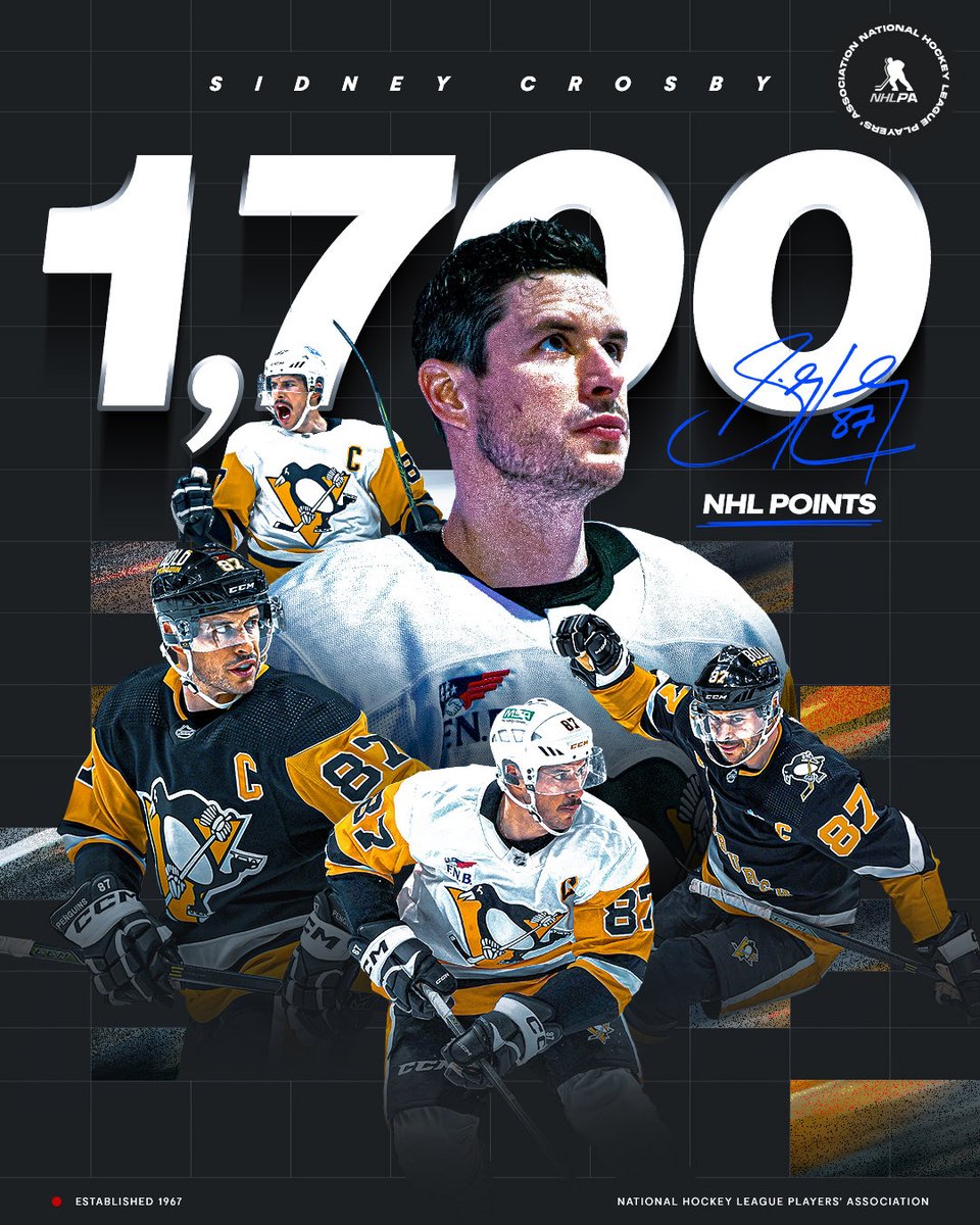 NHLPA's tweet image. SID CAN’T BE STOPPED 🐐   

Congrats the @penguins captain, who becomes the 9th player in NHL history to reach 1,700 career points!