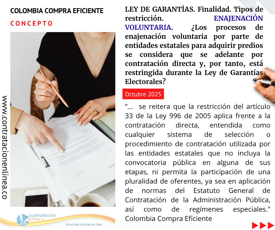 LEY DE GARANTÍAS. ENAJENACIÓN VOLUNTARIA. ¿Los procesos de enajenación voluntaria por parte de entidades estatales para adquirir predios se considera que se adelante por contratación directa y, por tanto, está restringida durante la Ley de Garantías? contratacionenlinea.co/documentos/con…