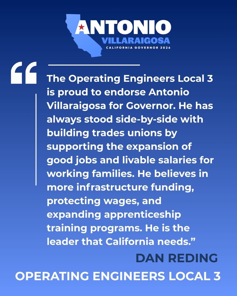 AVillaraigosa's tweet photo. I'm honored to have the support of the Operating Engineers Local 3 for my campaign for Governor. We share the same goal of making California work for working families and make our state more affordable.
#ProvenProblemSolver https://t.co/aQqlwPRWRu