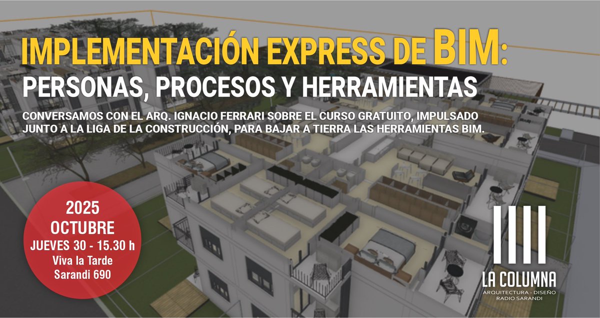 Este jueves hablaremos con el Arq. Ignacio Ferrari sobre un curso de BIM para bajar a tierra el uso de esta plataforma. 
Nos escuchamos en <a href="/RadioSarandi690/">Sarandí 690</a> y nos vemos en YouTube @sarandi690ok