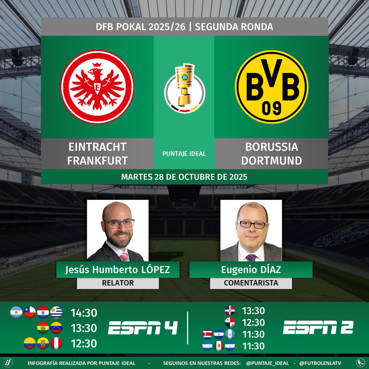 ⚽ #DFBPokal 🇩🇪 | #EintrachtFrankfurt vs. #BorussiaDortmund 
🎙 Relator: <a href="/Yisus74/">Jesús Humberto López</a>
🎙 Comentarista: <a href="/eugeniodiaz/">Eugenio Diaz</a>
📺 #ESPN4 Sudamérica
📺 #ESPN2 Centroamérica y México 🇲🇽
💻📱 <a href="/disneyplusla/">Disney+ Latinoamérica</a> Latinoamérica
🤳 #POKALxESPN - #SGEBVB 
Dale RT 🔃