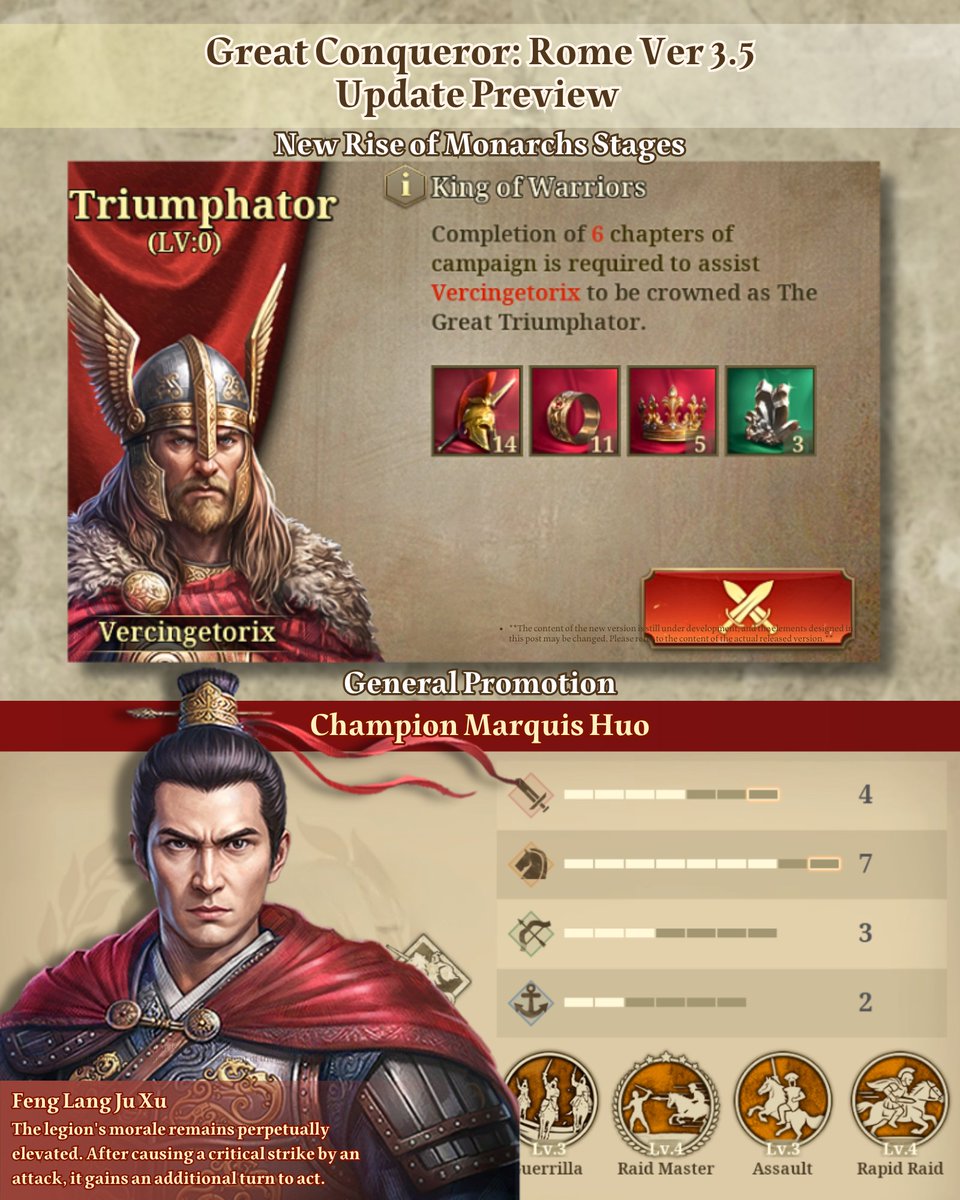 easytech_game's tweet image. Great Conqueror: Rome version 3.5 update preview

【New Levels】
Added Rise of Monarchs chapters: Huo, Vercingetorix, Surena

【New Promotions】
Huo
Vercingetorix
Surena
Cleopatra
Hasdrubal

【New Items】
Added Golden Horn, Ankh Charm, Andvaranaut, Bow of Setting Sun in Monarch&apos;s…