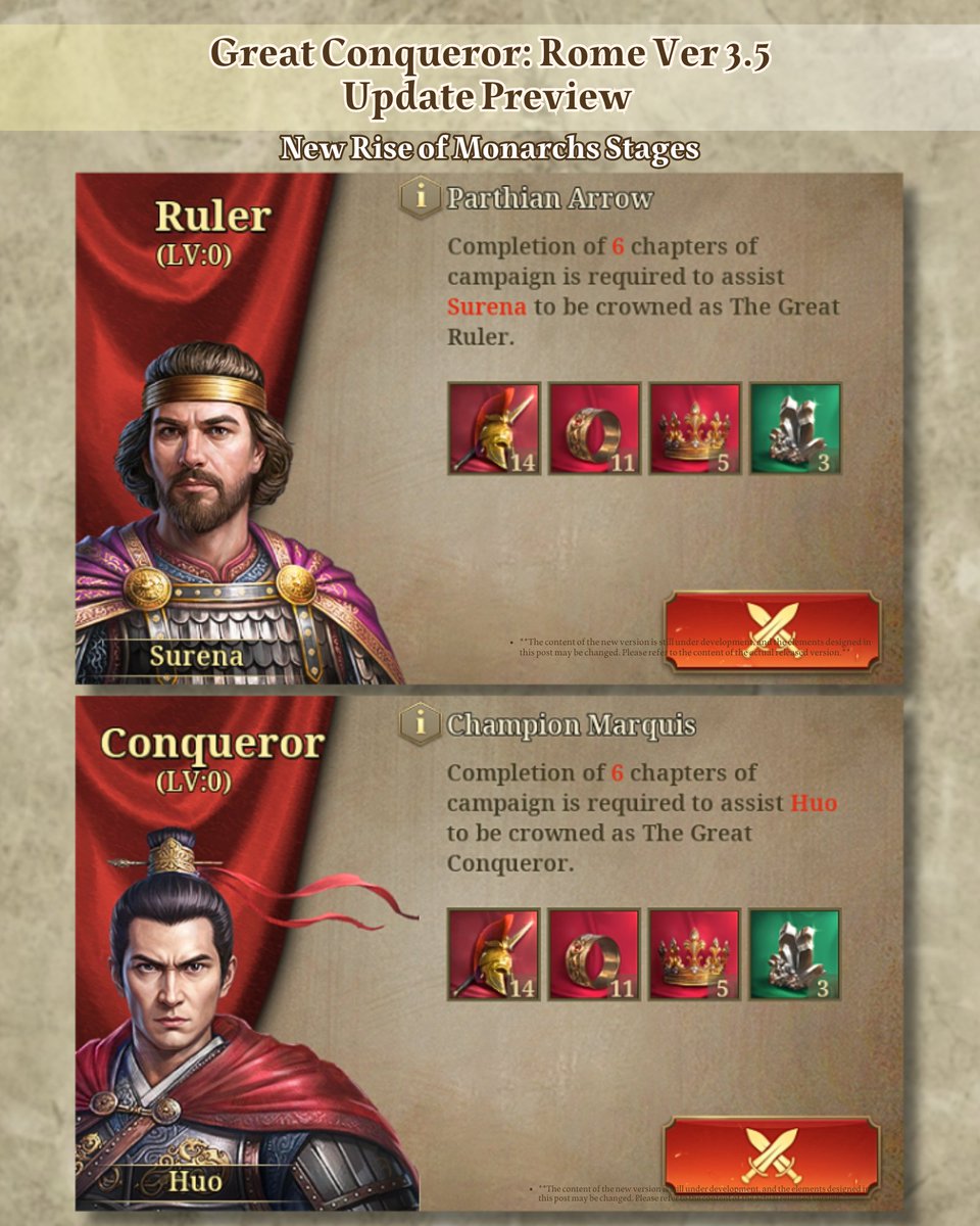 easytech_game's tweet image. Great Conqueror: Rome version 3.5 update preview

【New Levels】
Added Rise of Monarchs chapters: Huo, Vercingetorix, Surena

【New Promotions】
Huo
Vercingetorix
Surena
Cleopatra
Hasdrubal

【New Items】
Added Golden Horn, Ankh Charm, Andvaranaut, Bow of Setting Sun in Monarch&apos;s…
