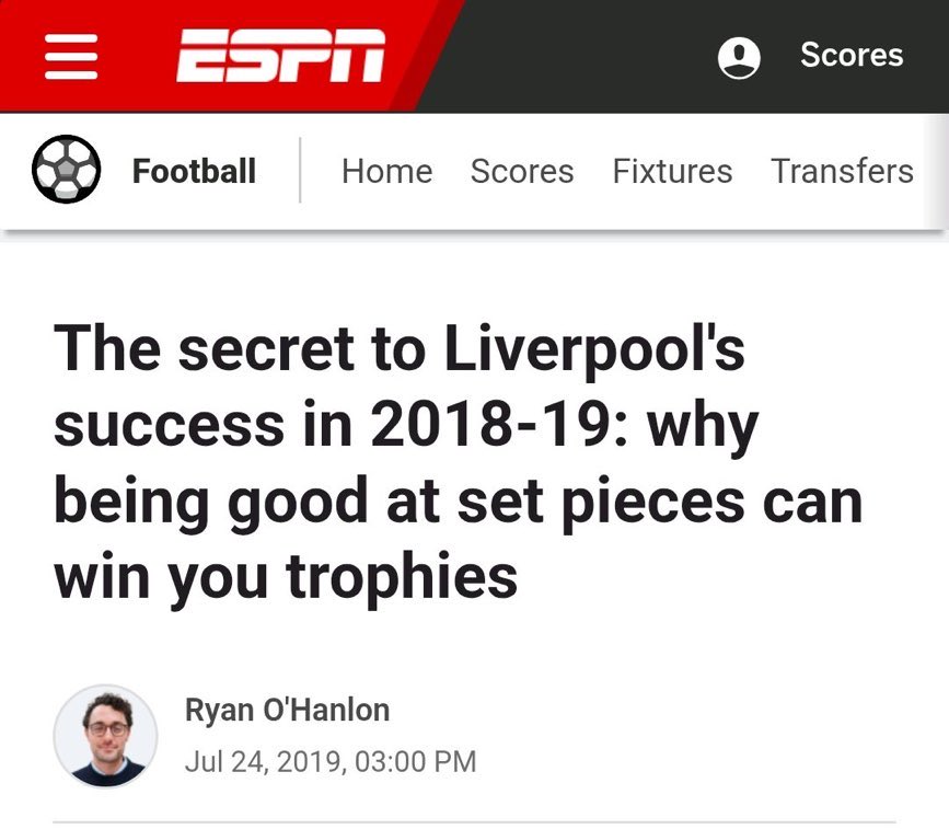 الصورة الأولى (2025):

“كيف تُفسد الكرات الثابتة الدوري الإنجليزي الممتاز، وتساعد أرسنال”

الصورة الثانية (2019):

“سرّ نجاح ليفربول في موسم 2018-2019: لماذا يمكن لإتقان الكرات الثابتة أن يجعلك تفوز بالبطولات”

⸻

المفارقة الظريفة أن نفس الكاتب (رايان أوهانلون) كان يرى الكرات