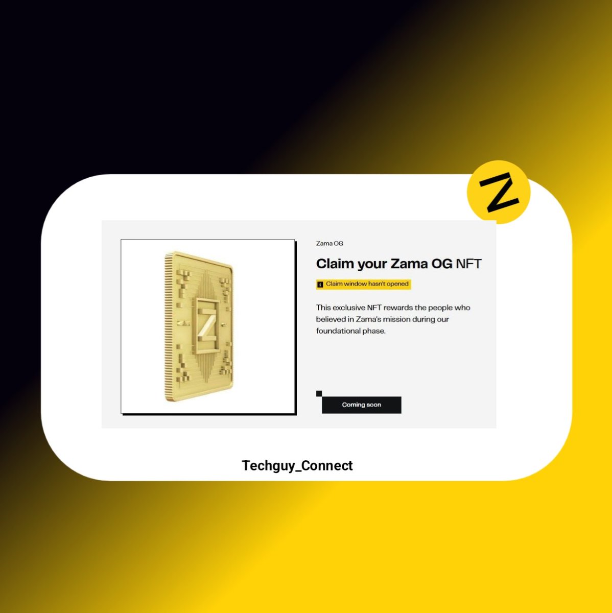 Techguy_connect's tweet image. GM CT 
It's Day 19 check-in on @zama_fhe 
Zama OG NFT Page has been open for sometime now (Claiming is not live yet)
The OG NFT collection is for community members who have been contributing and supporting Zama.
◈ Total Supply - 3,500 NFTs
◈ Chain - Ethereum
◈ Eligible…