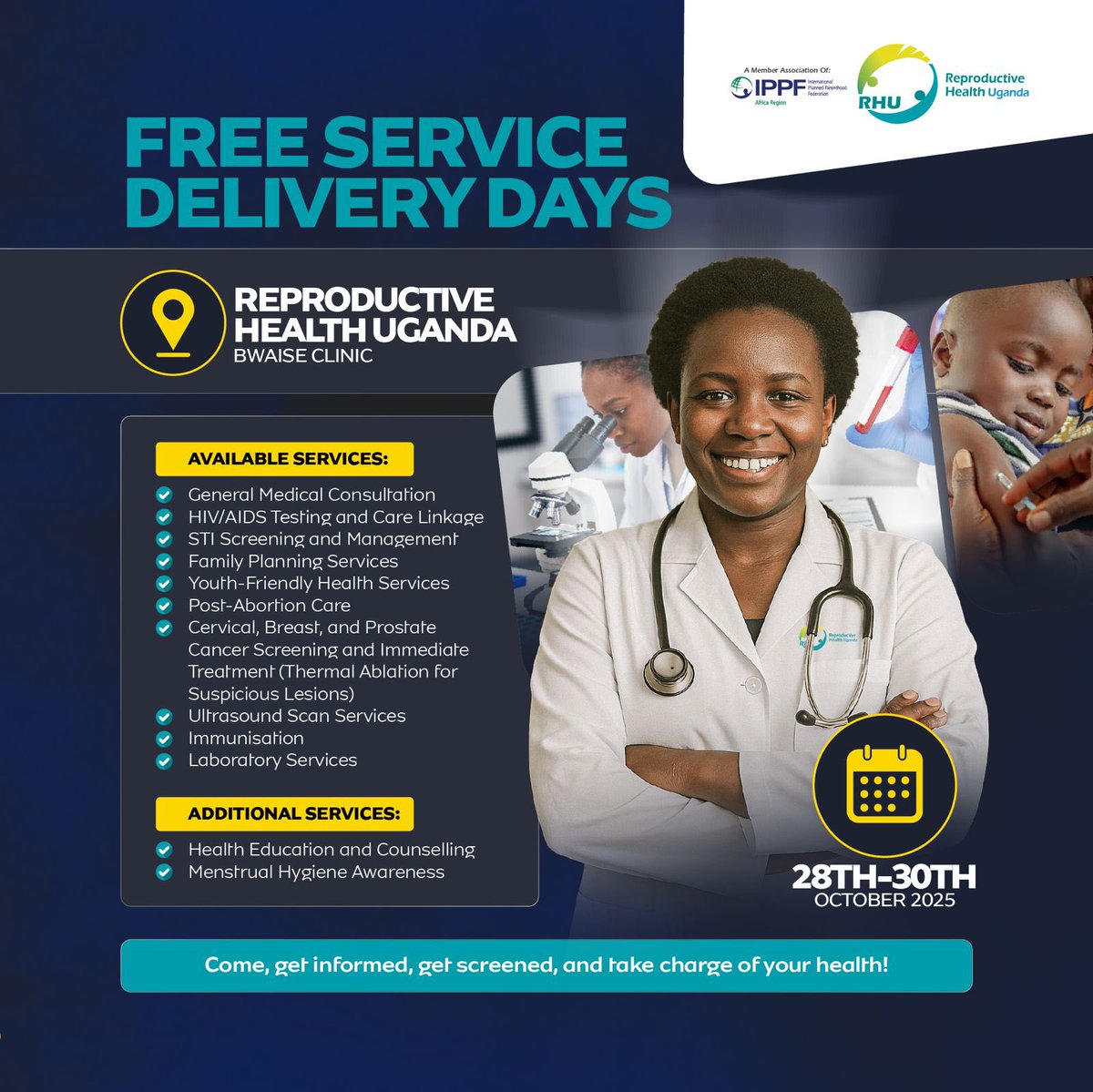 We are offering free sexual and reproductive health services at RHU Bwaise from 29 to 30 October 2025.

Join us to get informed, get screened, and take charge of your health.

#WeAreRHU #SRHRForAll
