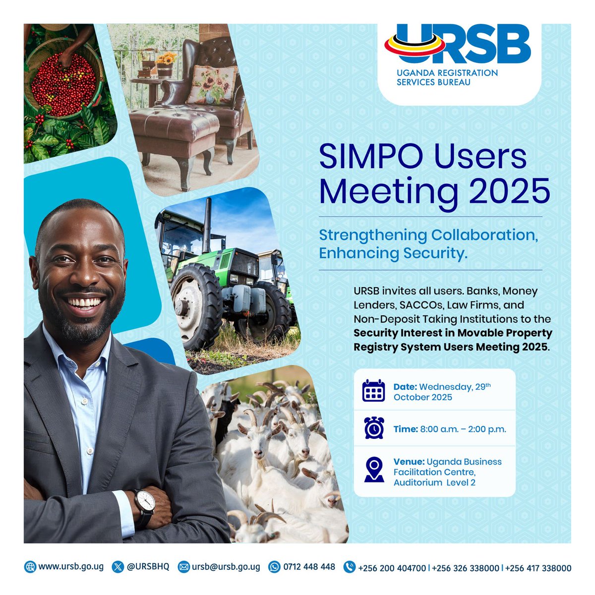Join us as we unite SIMPO users, banks, Money Lenders, SACCOs, law firms, and non-deposit-taking institutions to enhance security in the Security Interest in Movable Property Registry System.

#SIMPOUsersMeeting25 #Collaboration #Innovation