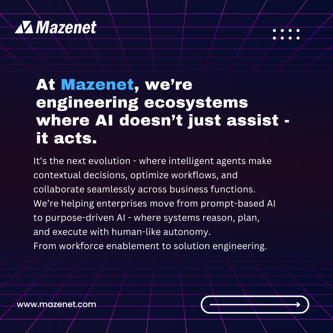 Maze_net's tweet photo. Most enterprises are experimenting with AI.
But the real edge lies in Agentic AI - where intelligent systems reason, plan &amp; act autonomously.
At Mazenet, we’re helping businesses move from automation to autonomy.

#AgenticAI #AITransformation #Mazenet #FutureOfWork https://t.co/kXyvW6lhUX