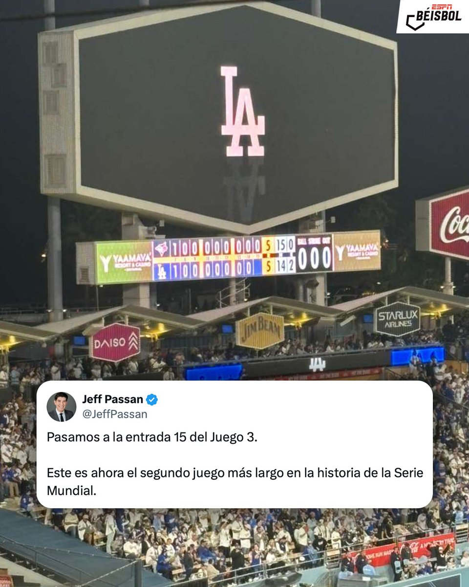 ESPN_Beisbol's tweet photo. Estamos presenciando el segundo juego más largo en la historia de la Serie Mundial https://t.co/W0YC0sI9NH