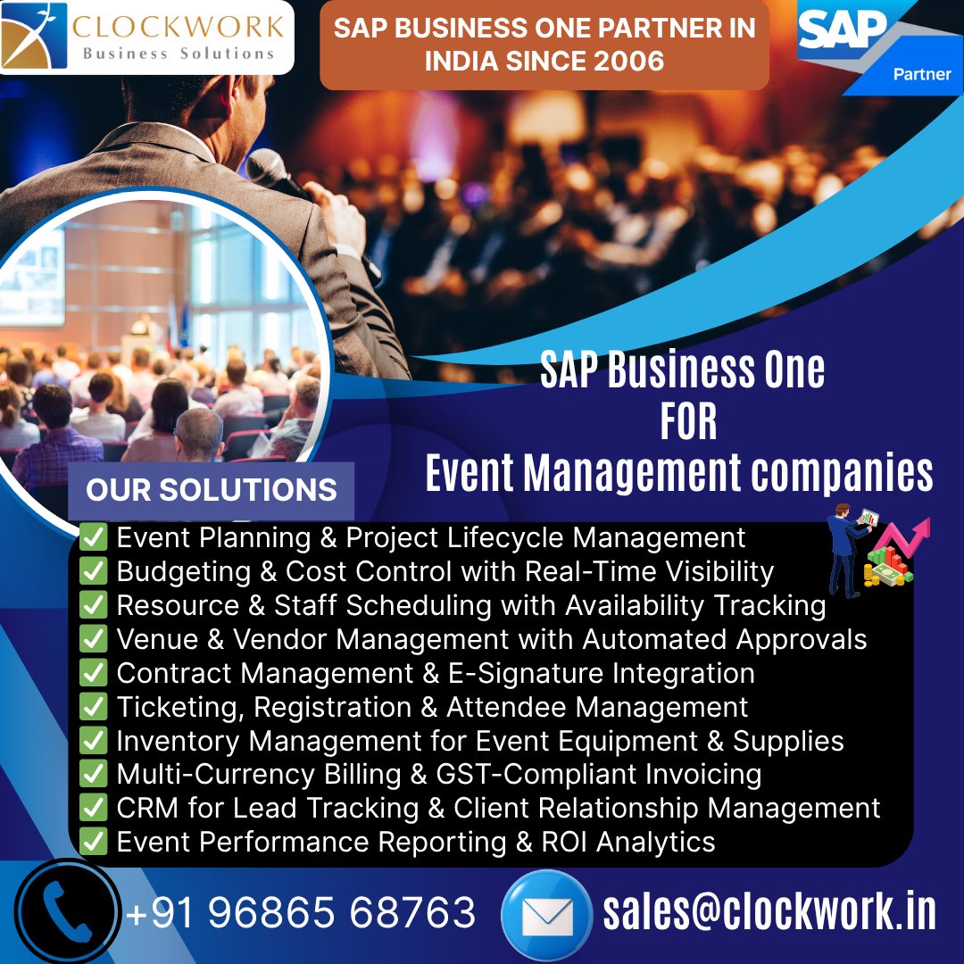 Clockwork2013's tweet image. Digitize your event management business with SAP Business One from Clockwork

📞 Contact Us: +91 96865 68763
📧 Email: sales@clockwork.in
🌐 Know More: clockwork.in

#SAPBusinessOne #EventManagementERP #EventPlanningSoftware #EventAutomation #ProjectManagement