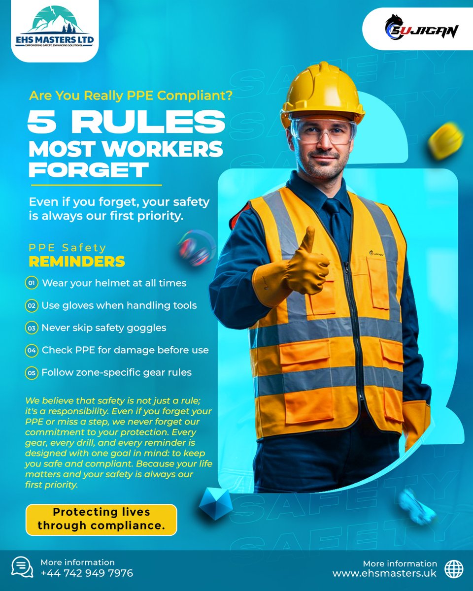 EhsMasters's tweet image. Thumbs up to safety! 👍
Wearing the right PPE isn&apos;t just a rule; it&apos;s your first line of defence.
Stay geared. Stay safe. 🦺⚠️
#ehs #PPE #london #ehsmasters #EHSMastersLtd #law #EmergencyReady #SafetyFirst #EHS #londonsafety #labelyourppe #worksafety #safetylaw #risk #london
