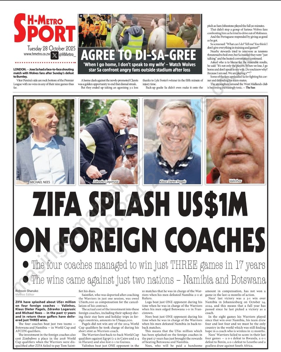 #BACKPAGE 

ZIFA have splashed about US$1 million on four foreign coaches – Valinhos, Klaus Dieter Pagels, Zdravko Logarusic and Michael Nees – in the past 17 years and in return these gaffers have delivered just THREE wins.

heraldonline.co.zw/zifa-splash-us…