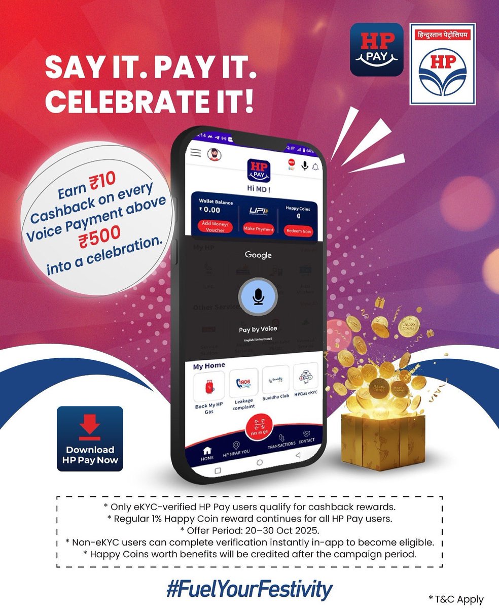 HPCL_Mumbai's tweet image. 🪔✨ This Diwali, let your voice light up every payment! ✨🪔
Just say “Pay ₹500 Petrol” (or more) with HP Pay Voice Payment and earn ₹10 cashback — up to 3 times! 
Fast. Festive. Rewarding.
Because every voice deserves a little sparkle. 💫

#HPPay #HPCL #DiwaliOffer #Cashback