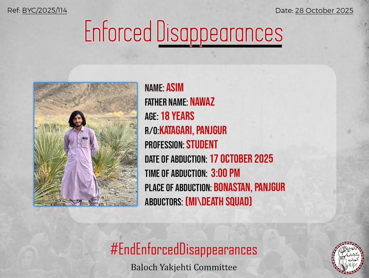 BalochYakjehtiC's tweet image. 𝗘𝗻𝗱 𝗘𝗻𝗳𝗼𝗿𝗰𝗲𝗱 𝗗𝗶𝘀𝗮𝗽𝗽𝗲𝗮𝗿𝗮𝗻𝗰𝗲𝘀!
#EndEnforcedDisappearances
#StopBalochGenocide