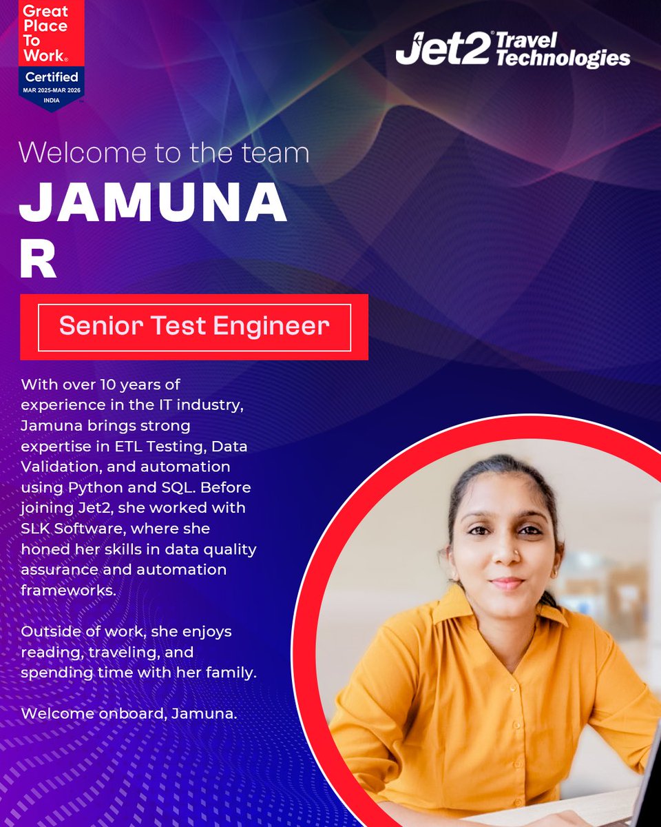 Jet2Travel_Tech's tweet image. Welcoming Jamuna to our team! With her strong expertise in ETL testing, data validation, and automation, she brings valuable skills that will enhance our projects and drive impactful outcomes. 

We look forward to achieving new milestones together. 

#WelcomeAboard #Jet2TT