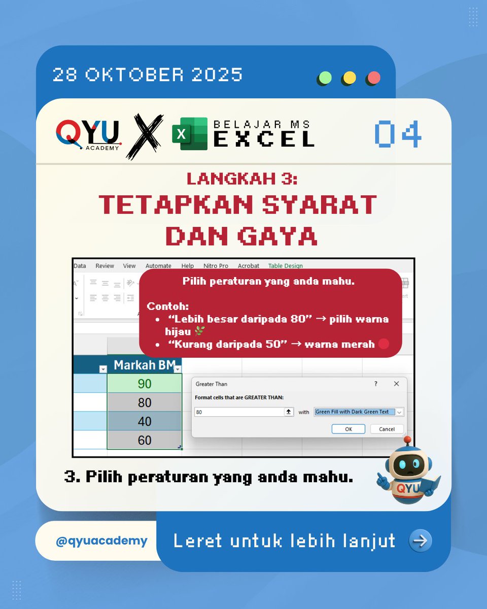 🔎 TUTORIAL #12: CARA GUNAKAN CONDITIONAL FORMATTING DALAM EXCEL - PART 1
💻 Conditional Formatting — Sekarang Anda Boleh Buat Sendiri!

Jom bersama QYU Academy — Belajar. Mahir. Berjaya.

#QYUAcademy #BelajarDigital #QYUTips #JomMahir