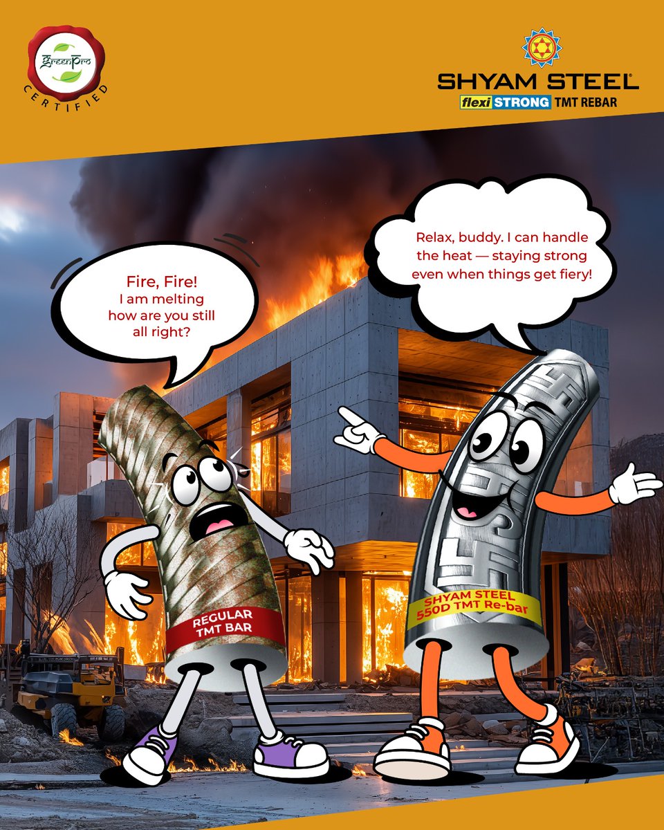 ShyamSteelIndia's tweet photo. When the heat is on, strength speaks for itself!
Unlike ordinary TMT bars, Shyam Steel Flexistrong 550D TMT Rebars stay tough even under extreme temperatures โ ensuring your home remains safe, strong, and secure.
#ShyamSteelIndia #Flexistrong #TMTRebars #FireResistantSteel https://t.co/4cCzePdTK3