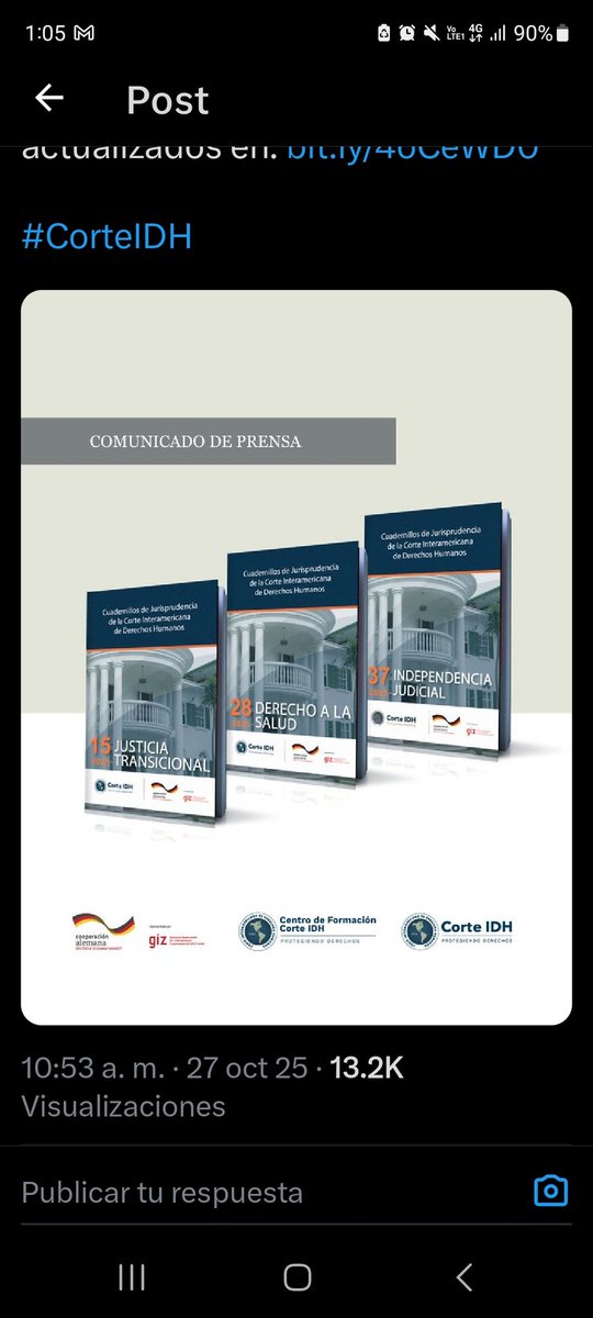 📘 La Corte Interamericana de Derechos Humanos actualiza a septiembre 2025 los Cuadernillos de Jurisprudencia: 🔹 No. 15: Justicia transicional 🔹 No. 28: Derecho a la salud 🔹 No. 37: Independencia judicial 
➡️ search.app/oxySV
<a href="/CorteIDH/">Corte Interamericana de Derechos Humanos</a>