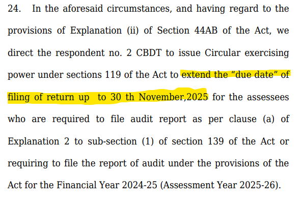 e_fileease's tweet photo. Gujarat High Court directs CBDT to extend ITR filing due date (Tax Audit cases) up to 30th November 2025.
⚠️ Still awaiting official CBDT notification. https://t.co/S4mPYkjlbw